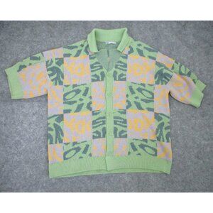 Zara Green Yellow Gray Patchwork Short Sleeve Button-Up Sweater Womens Large